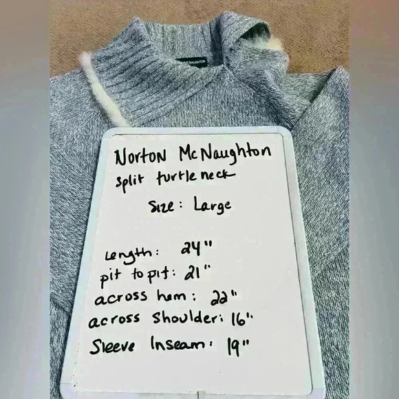 Norton McNaughton Women’s Large Heathered Blue Split Turtleneck Fur Trim Sweater - Picture 8 of 8